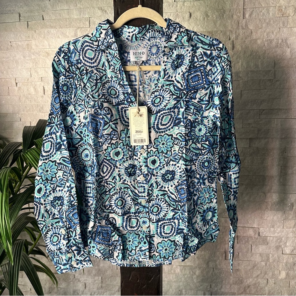 HIHO Linen Aqua Navy Blue Boho Floral Women's Top Size Small New With Tags